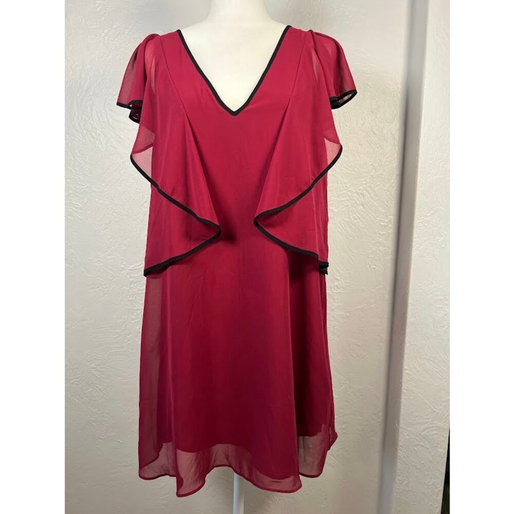 BCBGeneration Wine Red Chiffon M Black Trim Flutter Sleeve V-Neck Shift Dress
